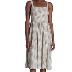 Superfoxx From Anthropologie Midi Length Dress With Adjustable Straps, Stretchy Smocked Top, Decorative Buttons Down The Front Fully Lined Underneath Size Xsmall New With Tags Attached Beige Midi Length Smocked Sundress, Cream Midi Smocked Dress, Casual Cream Midi Dress With Smocked Bodice, Casual Cream Smocked Summer Dress, Casual Cream Ruched Midi Dress, Casual Cream Midi Dress With Buttons, Casual Beige Midi Dress With Smocked Bodice, Beige Casual Midi Dress With Smocked Bodice, Casual Cream Midi Dress With Smocked Back