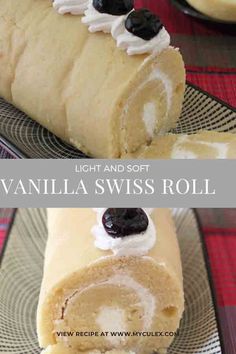 an image of vanilla swiss roll with blueberries on the top and cream in the middle