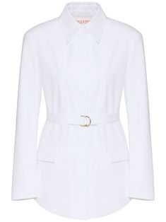 Valentino Ready To Wear optical white straight-point collar front press-stud fastening long sleeves belted waist two front flap pockets curved hem The full look includes Valentino Garavani accessories. White Collared Shirt Dress For Work, White Shirt Dress For Workwear In Fall, White Shirt Dress For Fall Workwear, White Fall Shirt Dress For Work, Modern Long Sleeve Shirt Dress For Work, Elegant Belted Shirt Dress For Work, Classic White Shirt Dress For Work, White Spread Collar Shirt Dress For Office, White Elegant Shirt Dress For Work