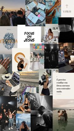 the collage has many different pictures and words on it, including jesus's face