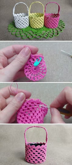 crocheted baskets are being made with yarn