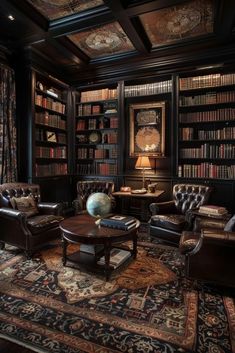 a living room filled with lots of furniture and bookshelves covered in leathers