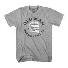 an old man is coming through t - shirt on a white background with black lettering