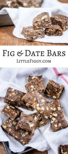 some brownies are stacked on top of each other and the words fig & date bars above them