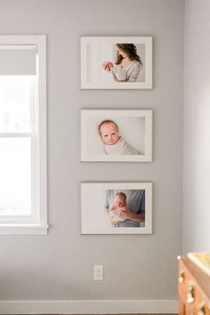 a baby's room with three pictures hanging on the wall and a crib