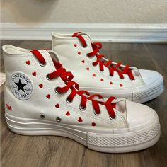 I Got These When They First Came Out But Only Wore Them Once Or Twice. Nothing Wrong With Them I Just Stopped Wearing Converse And Impulsively Bought To Many Fun Types. Converse Shoes Valentines, Custom Red Converse, Red Converse, Converse White, Black Converse, Womens Converse, Red Lace, Christmas Design, Chucks Converse