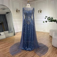 Ships in 1 to 3 Days - 2024 Luxury Dubai Blue Cape Sleeves Alina Beaded Stone Arabic Evening Gowns for Women | Wedding Party Elegant Cape, Turkish Dress, Blue Cape, Blue Evening Gowns, Intricate Beading, A Line Evening Dress, Gowns For Women, Gala Events, Beaded Prom Dress