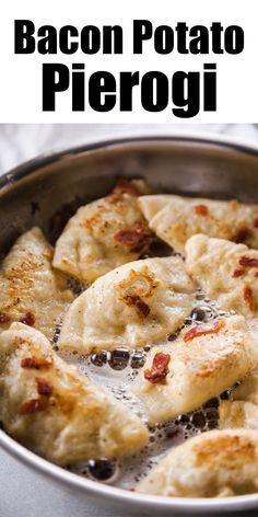 bacon potato pierogi in a skillet with text overlay