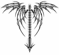 a black and white drawing of a skeleton with large wings on it's back