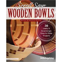 the book cover for scroll saw wooden bowls is shown in red and brown stripes, with an image of a bowl on top