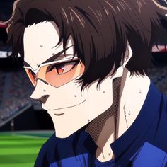 an anime character wearing glasses and looking off into the distance in front of a stadium