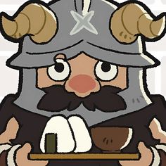 an image of a cartoon character with horns and beards holding a bowl of food