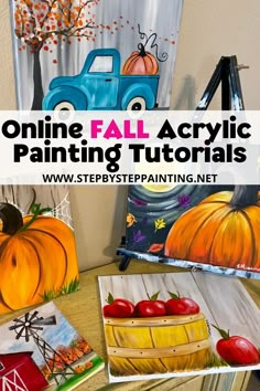 some pumpkins and apples are sitting on a table with the words online fall acrylic painting materials