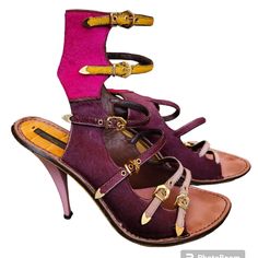 Louis Vuitton North America (Lvna)Calf Leather Caged Multicolored (Plum/Magenta/Mimosa) Italian Made Sandals. Shoes Louis Vuitton, Caged Sandals, Louis Vuitton Shoes, Mimosa, Shoes Women Heels, Calf Leather, Pink Purple, Plum, North America