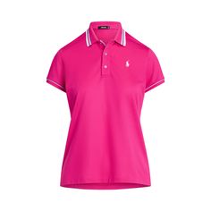 a women's polo shirt in pink with white piping on the collar and cuffs