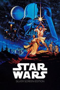 a star wars movie poster with the characters on it's back and an image of darth vader in the background