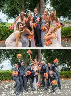 the bride and groom are posing for pictures with their wedding party