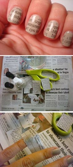 Worded Nails - 1. polish nails  2. dip nail in alcohol for 5 seconds  3. press newspaper onto nail for 5 seconds  4. gently peel off newspaper and apply clear top coat. Reminded me of you @Meghan Krane Krane Krane Krane Krane Nicole Mitchell :D Newspaper Nails, Dip Nail, Polish Nails, Dipped Nails, Simple Nail Designs