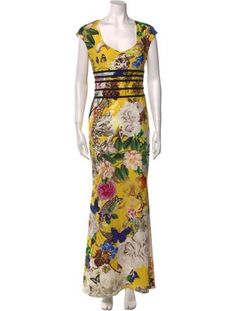 Roberto Cavalli Evening GownYellowFloral PrintShort Sleeve with Scoop NeckConcealed Zip Closure at SideDesigner Fit: Dresses by Roberto Cavalli typically fit true to size. Yellow Embellished Dress For Summer, Yellow Embellished Fitted Dress, Fitted Yellow Embellished Dress, Formal Yellow Floral Print Dress, Floral Print Long Dress, Floral Print Dress Long, Bottega Jodie, Vintage Holiday Dress, Roberto Cavalli