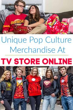 people standing in front of a window with the words unique pop culture merchandise at tv store online