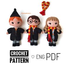 three crocheted harry potter dolls are shown with the text,'crochet pattern eng pdf '