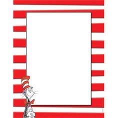 a red and white striped photo frame with a cat in the hat on it's side