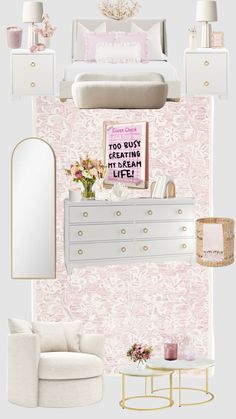 a bedroom with white furniture and pink wallpaper, including a bed, dresser, mirror,