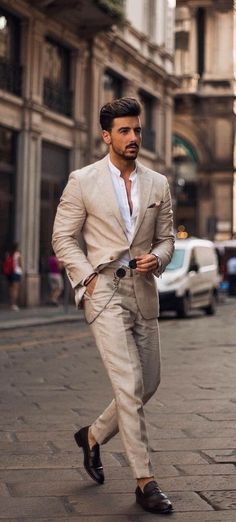 Linen Beige Suit for Men 2 Piece Suit for Party Wear Prom - Etsy Beige Suits For Men, Outfit Herren, Khaki Suits, Khaki Suit, Tan Suit