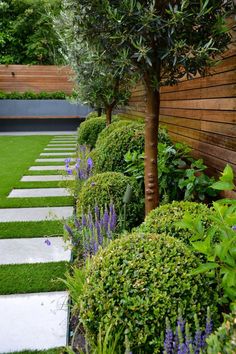 an outdoor garden with grass and trees