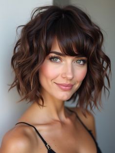 This textured layered shag with fringe is made for thick hair. The choppy layers give the hair a weightless feel, while the fringe softens the overall look. The warm brown shade adds a rich depth, and the tousled waves bring a playful touch. This medium-length cut is perfect for those who want a fresh, youthful look that shows off their natural volume without overwhelming their face shape. Haircuts For Wavy Thick Hair Medium, Layered Shag With Fringe Long, Shoulder Length Bobs With Bangs, Fringe Thick Hair, Chopped Bangs, Shoulder Length Layered Hairstyles, Shaggy Bob With Bangs Fine Hair, Choppy Shag Hairstyles Medium Thick Hair, Medium Layered Hair With Fringe