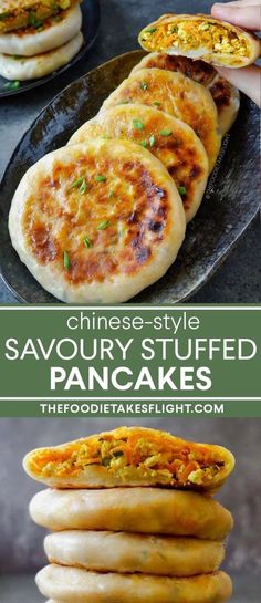 some food is stacked on top of each other with the words savory stuffed pancakes