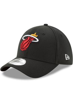 Pull on this Miami Heat Team Classic 39THIRTY Black Flex Hat just in time for the game! This Miami Heat Flex Hat features a front embroidered team logo on a structured polyester cap with pre-curved visor and flexible 39THIRTY sizing. Front raised embroidered team logo, Secondary team logo embroidered on back, 100% woven polyester, Flexible-fit 39THIRTY sizing, New Era flag embroidered on the left side, Pre-curved bill, Structured crown, Polyester, Washable, Imported Black Baseball Cap With Logo For Sports Events, Black Fitted Hat With Embroidered Logo And Curved Visor, Black Baseball Cap With Custom Logo For Baseball Season, Black Hat With Custom Logo For Baseball Season, Black Hats With Custom Logo For Sports Events, Black Baseball Cap With Team Spirit For Sports Events, Black Team Spirit Baseball Cap For Sports, Collegiate Black Cotton Baseball Cap, Black Sports Fan Baseball Cap For Events