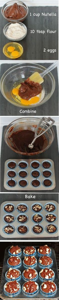 the instructions for making muffins are shown in three different stages, including baking