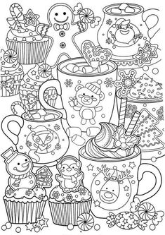 an adult coloring page with cupcakes and teddy bears in the middle, surrounded by other