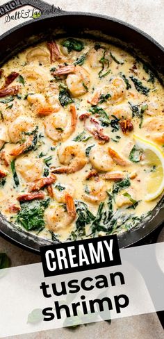 creamy tuscann shrimp with spinach in a skillet