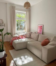 a living room with a large sectional couch and potted plant in the corner on the floor