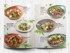 an open magazine with different types of food on the pages, including meats and vegetables