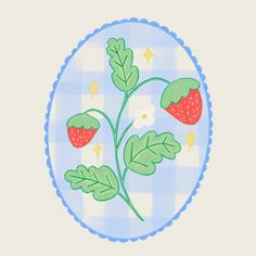 a drawing of strawberries on a blue and white checkered plate with stars in the background