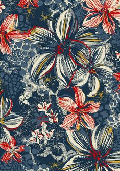 a blue and red floral pattern with white flowers