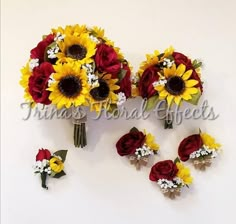 sunflowers and red roses are arranged together