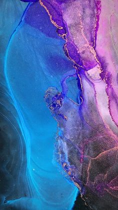 an abstract painting with blue, pink and purple colors on it's surface is shown