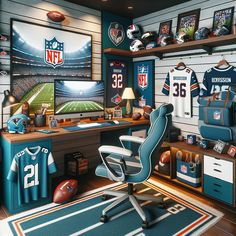 a football themed room with jerseys on the wall and a desk in front of it