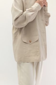 Favorite chore style jacket in a woven linen. Jacket has buttons up the front, three large flap pockets, tight closures at the cuffs and a collared neckline. 
Tag reads Classiques Entier Chore Coat, Linen Jacket, Flap Pocket, Button Up, Tights, Coats Jackets