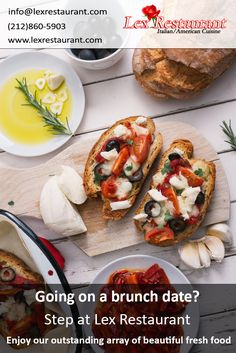 an advertisement for a brunch restaurant on a wooden table with bread and vegetables