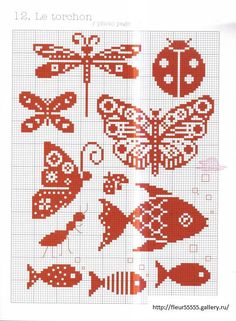 a cross stitch pattern with red and white designs