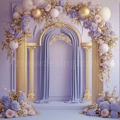 an archway decorated with purple flowers and white balls is shown in this photo, surrounded by gold pillars