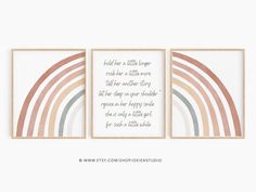 three framed art prints with rainbows and the words, hold for a little things