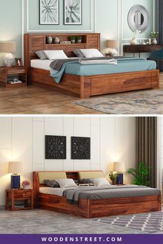 two pictures of the same bed in different rooms