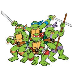 a group of teenaged ninja turtles holding swords