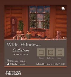 an advertisement for the wide windows collection, which includes teddy bears and christmas trees in front of a fireplace